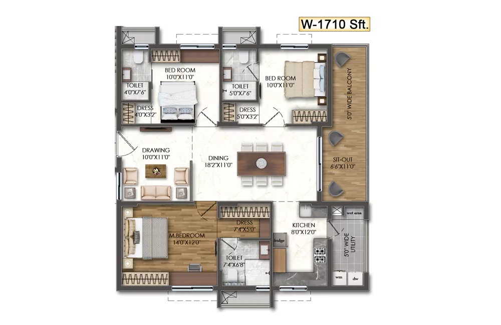 2 BHK W-1710 Sft